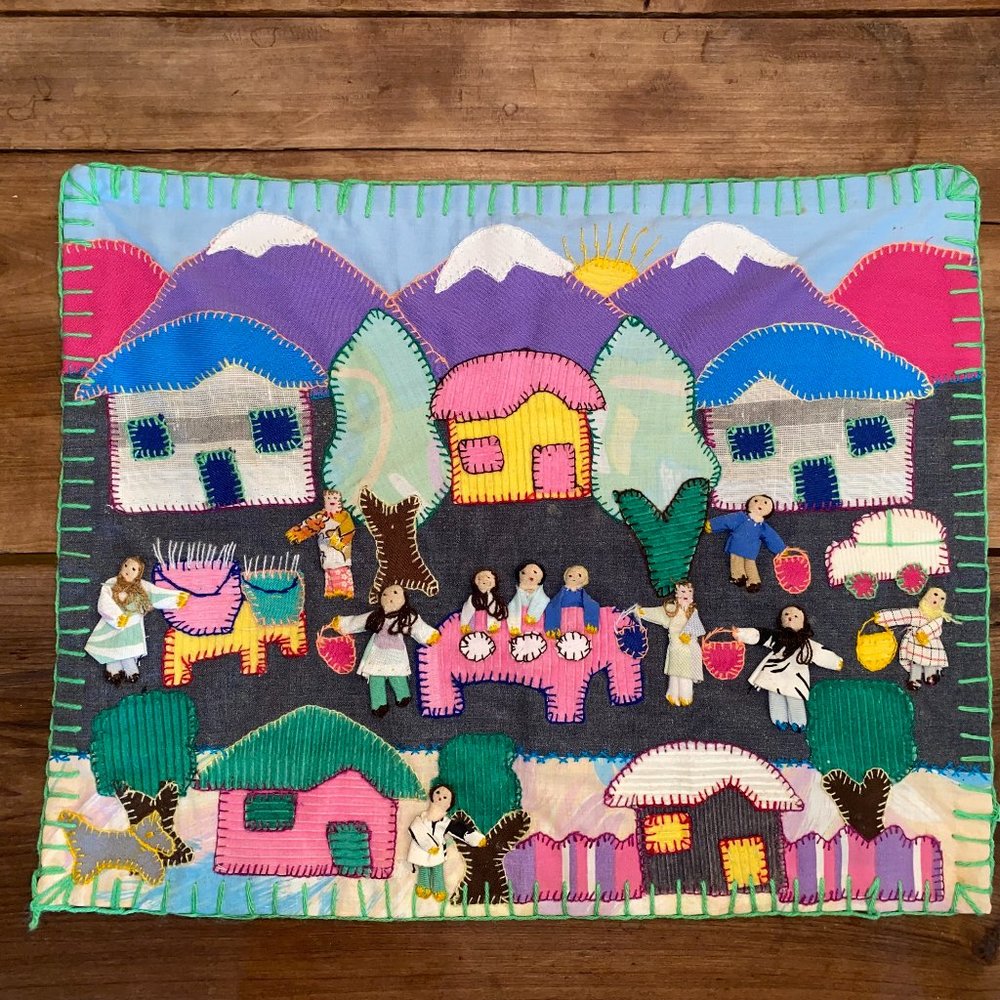 Vintage Folk Art Raised Embroidery Sampler